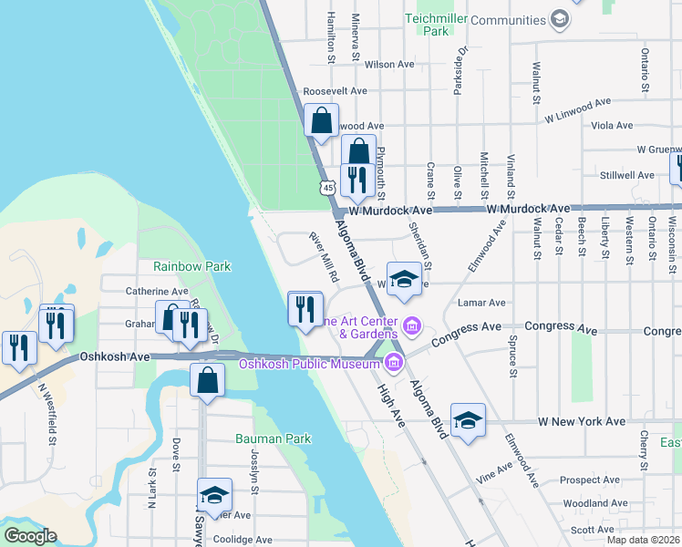 map of restaurants, bars, coffee shops, grocery stores, and more near 1611 Algoma Boulevard in Oshkosh