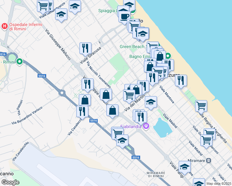 map of restaurants, bars, coffee shops, grocery stores, and more near 51-61 Viale Leonardo da Vinci in Rimini