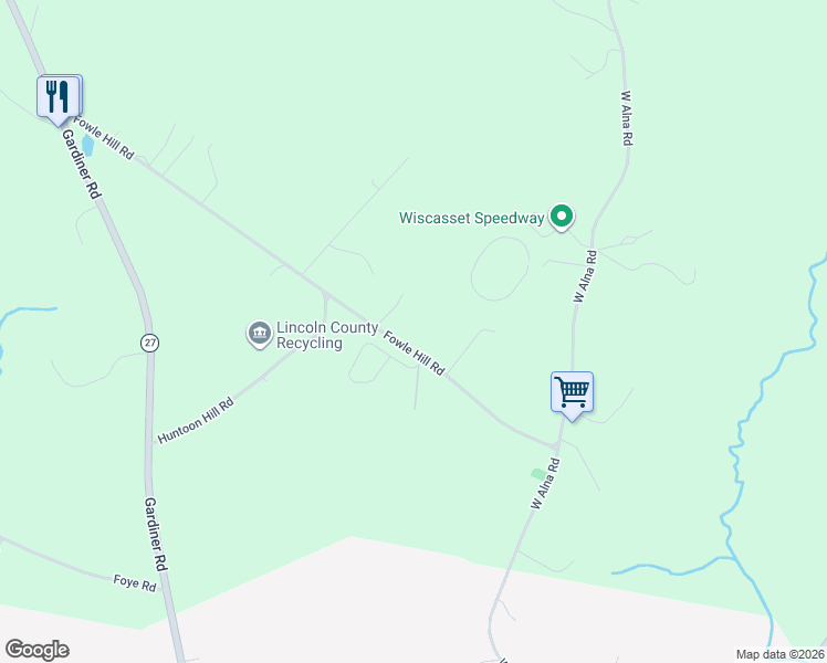 map of restaurants, bars, coffee shops, grocery stores, and more near 73 Fowle Hill Road in Wiscasset