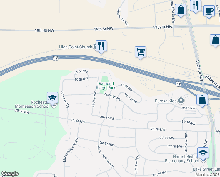 map of restaurants, bars, coffee shops, grocery stores, and more near 4525 10 Street Northwest in Rochester