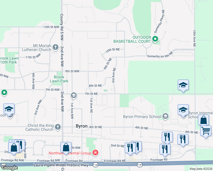 map of restaurants, bars, coffee shops, grocery stores, and more near 122 8th Street Northeast in Byron