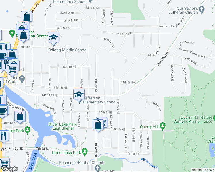 map of restaurants, bars, coffee shops, grocery stores, and more near 1419 13th Avenue Northeast in Rochester