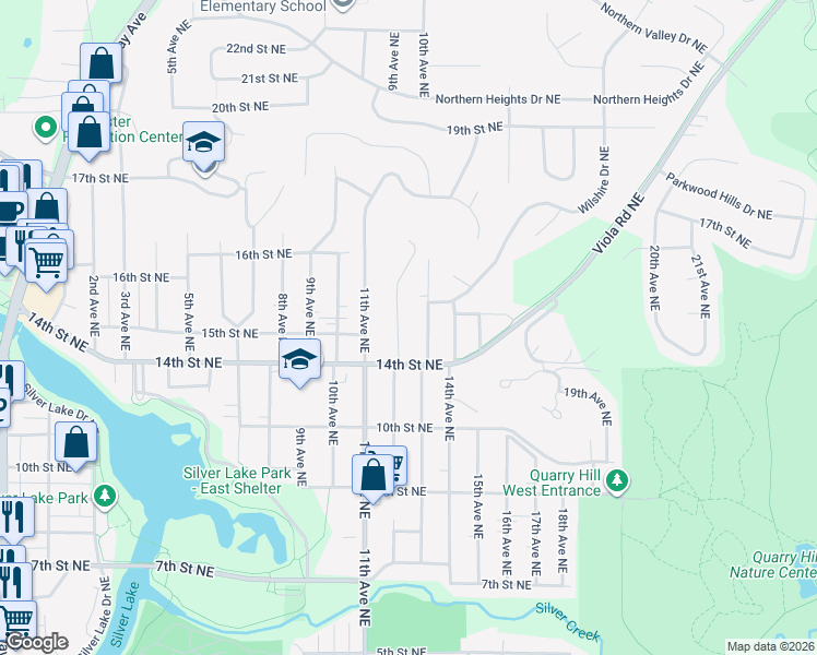 map of restaurants, bars, coffee shops, grocery stores, and more near 1419 13th Avenue Northeast in Rochester