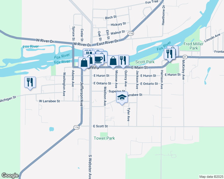 map of restaurants, bars, coffee shops, grocery stores, and more near 227 Superior Street in Omro