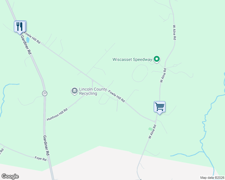 map of restaurants, bars, coffee shops, grocery stores, and more near 73 Fowle Hill Road in Wiscasset