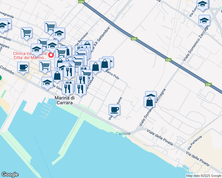 map of restaurants, bars, coffee shops, grocery stores, and more near 4/C Via Girolamo Savonarola in Marina di Carrara