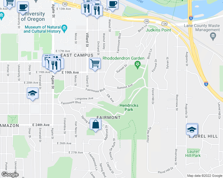 map of restaurants, bars, coffee shops, grocery stores, and more near 2130 Summit Avenue in Eugene