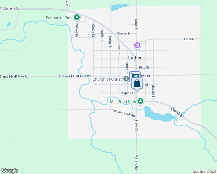 map of restaurants, bars, coffee shops, grocery stores, and more near 713 Elm Street in Luther