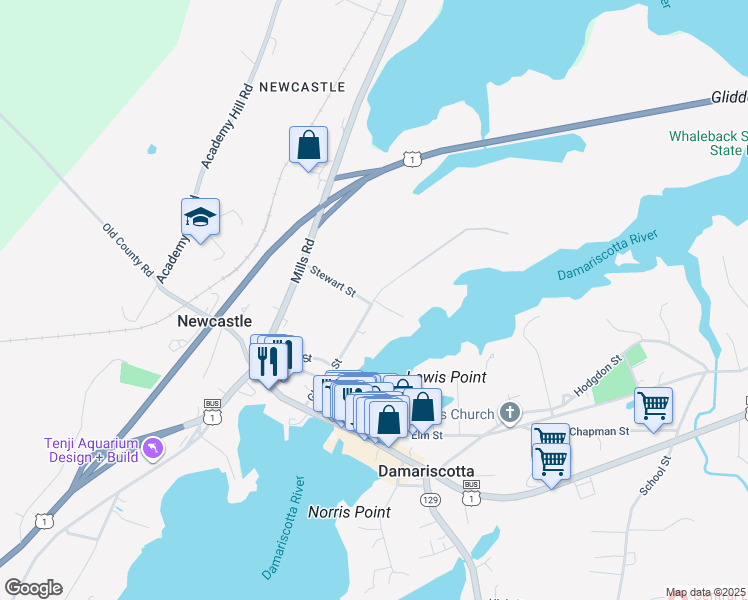 map of restaurants, bars, coffee shops, grocery stores, and more near Glidden Street in Damariscotta-Newcastle