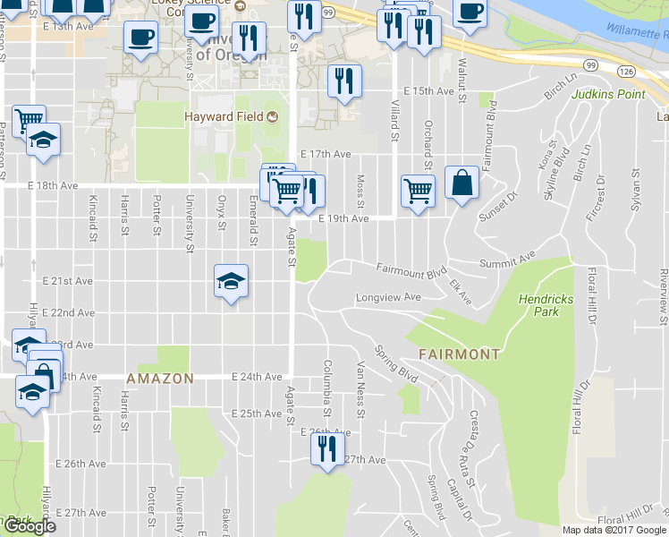 map of restaurants, bars, coffee shops, grocery stores, and more near 2303 McMorran Street in Eugene