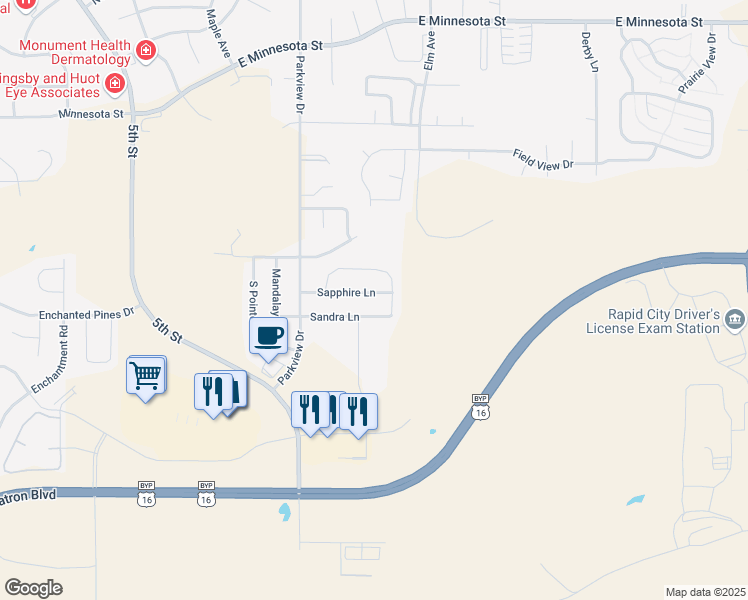 map of restaurants, bars, coffee shops, grocery stores, and more near 511 Sapphire Lane in Rapid City