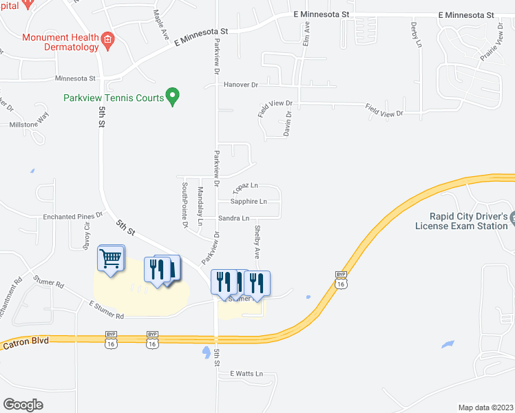 map of restaurants, bars, coffee shops, grocery stores, and more near 415 Sapphire Lane in Rapid City