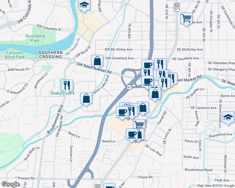 map of restaurants, bars, coffee shops, grocery stores, and more near 218 Southwest Hayes Avenue in Bend