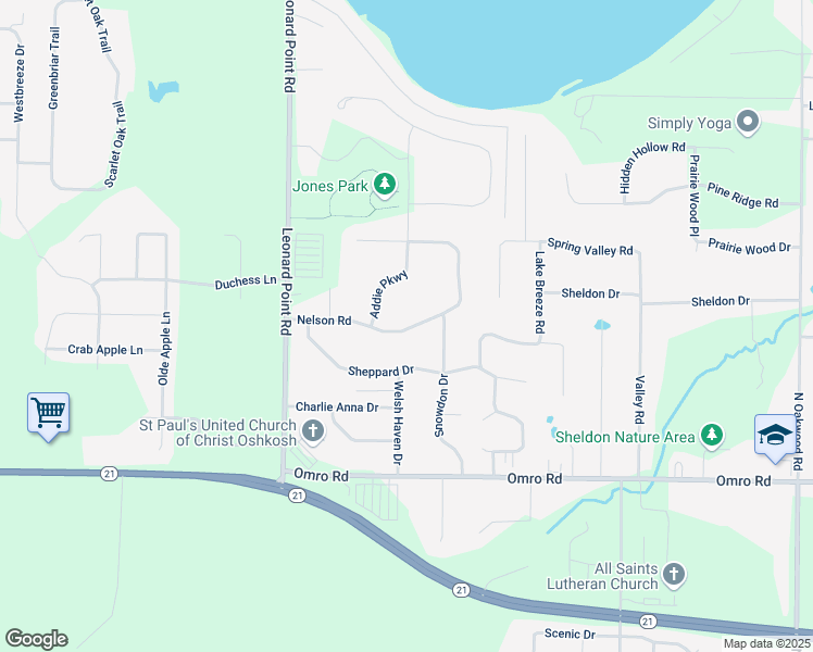 map of restaurants, bars, coffee shops, grocery stores, and more near 3419 Nelson Road in Oshkosh