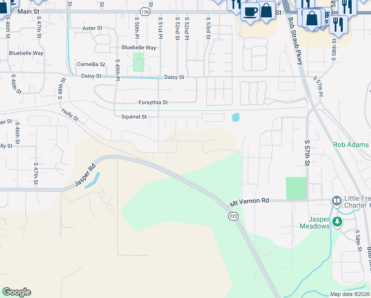 map of restaurants, bars, coffee shops, grocery stores, and more near 5400 Mount Vernon Road in Springfield