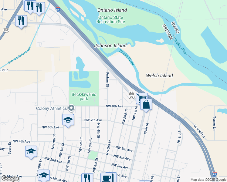 map of restaurants, bars, coffee shops, grocery stores, and more near 1085 North Oregon Street in Ontario