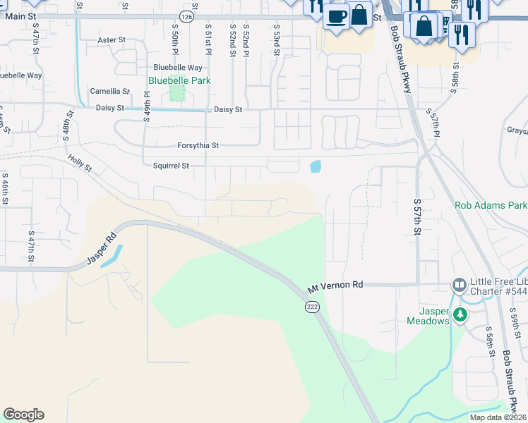 map of restaurants, bars, coffee shops, grocery stores, and more near 5400 Mount Vernon Road in Springfield