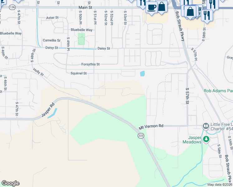 map of restaurants, bars, coffee shops, grocery stores, and more near 5400 Mount Vernon Road in Springfield