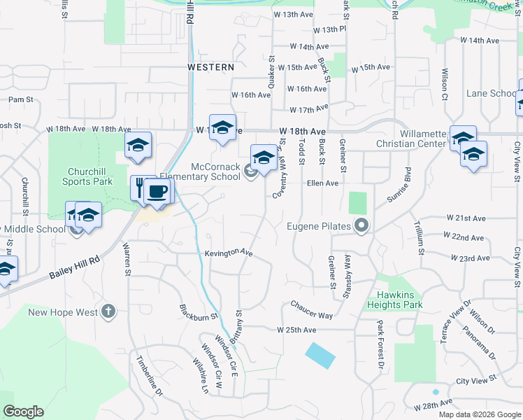 map of restaurants, bars, coffee shops, grocery stores, and more near 3425 Strathmore Place in Eugene