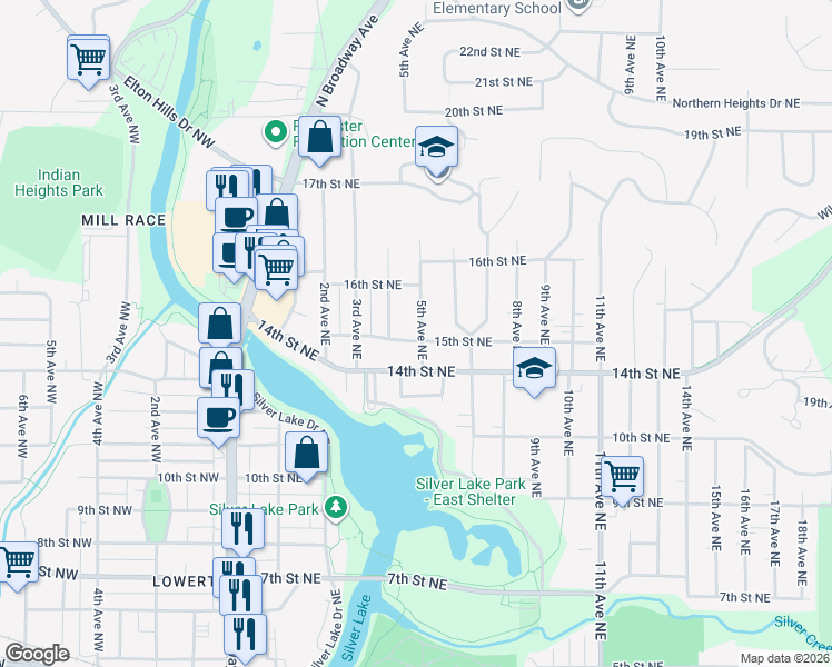 map of restaurants, bars, coffee shops, grocery stores, and more near 506 15th Street Northeast in Rochester