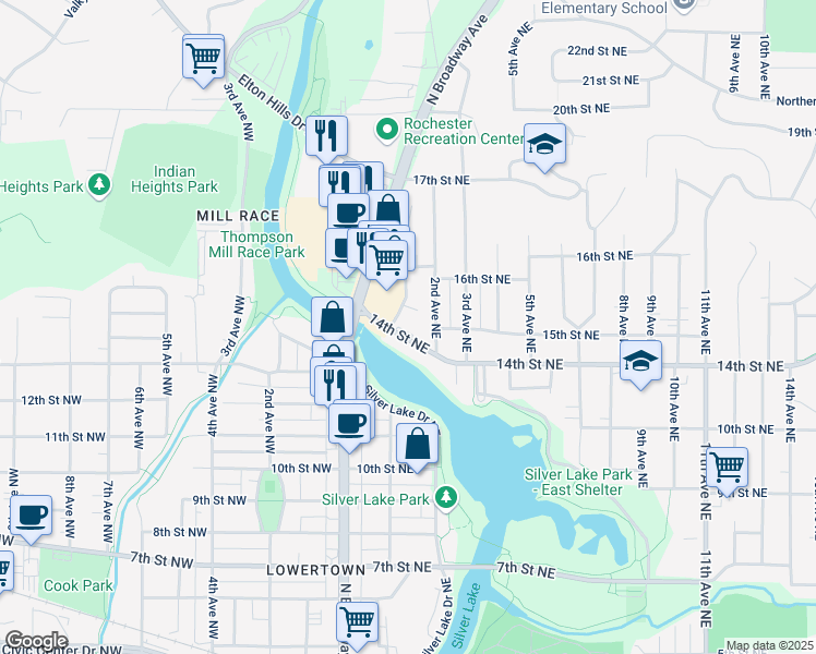 map of restaurants, bars, coffee shops, grocery stores, and more near 127 14th Street Northeast in Rochester