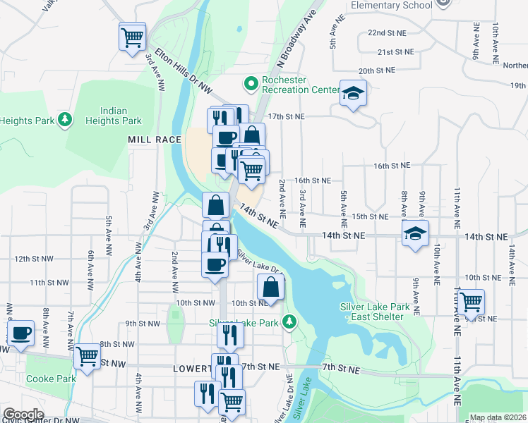 map of restaurants, bars, coffee shops, grocery stores, and more near 127 14th Street Northeast in Rochester