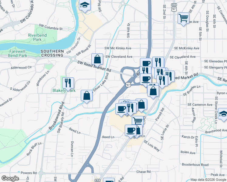 map of restaurants, bars, coffee shops, grocery stores, and more near 218 Southwest Hayes Avenue in Bend