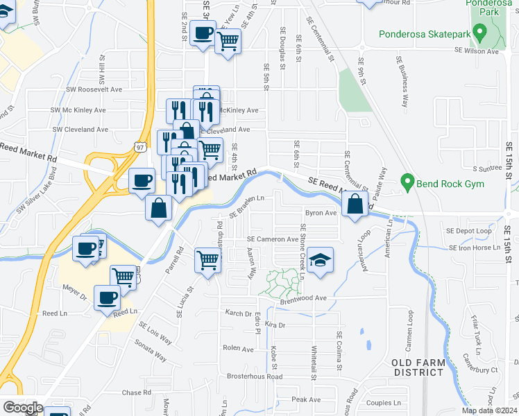 map of restaurants, bars, coffee shops, grocery stores, and more near 20484 Southeast Byron Avenue in Bend