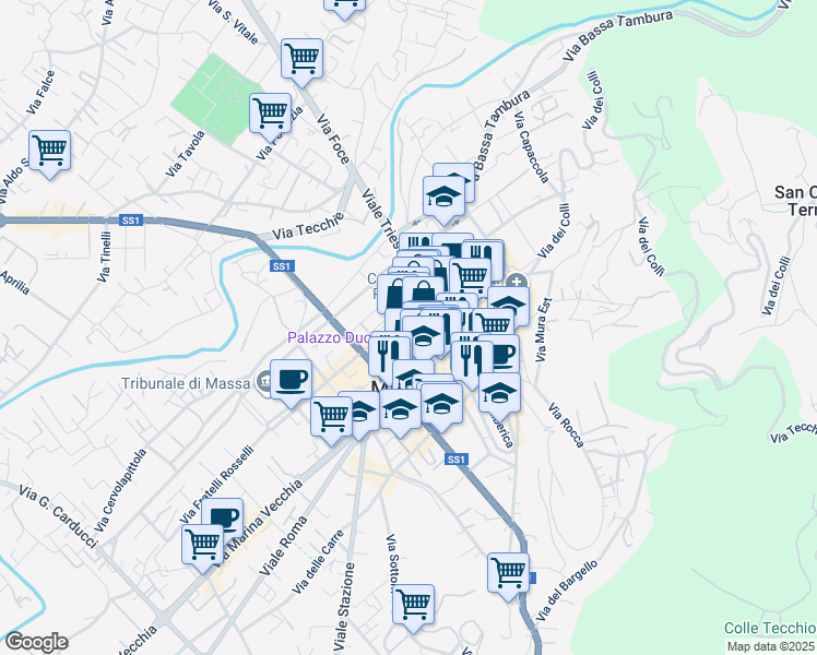 map of restaurants, bars, coffee shops, grocery stores, and more near Piazza del Teatro in Massa
