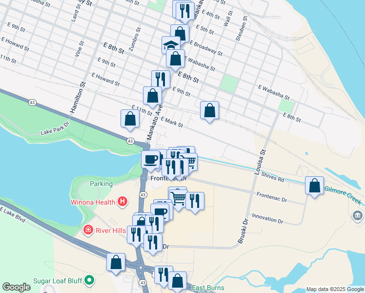 map of restaurants, bars, coffee shops, grocery stores, and more near 853 East Belleview Street in Winona