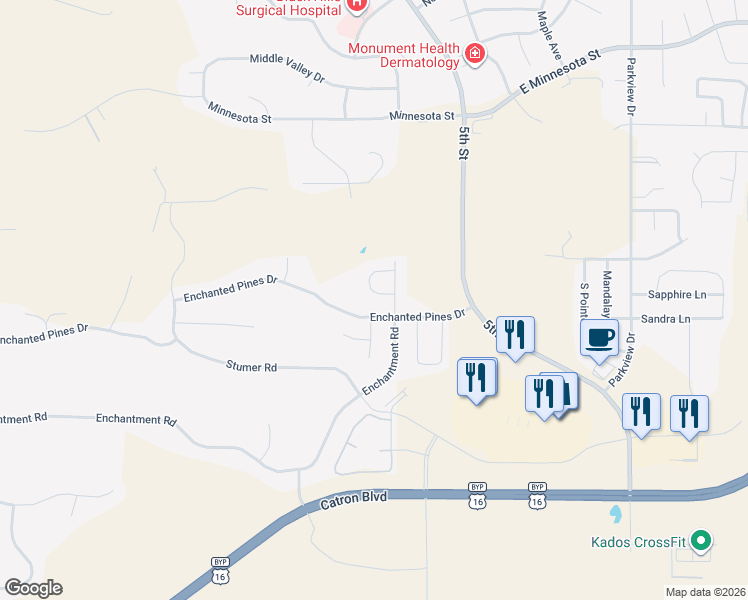 map of restaurants, bars, coffee shops, grocery stores, and more near 4659 Cambria Circle in Rapid City