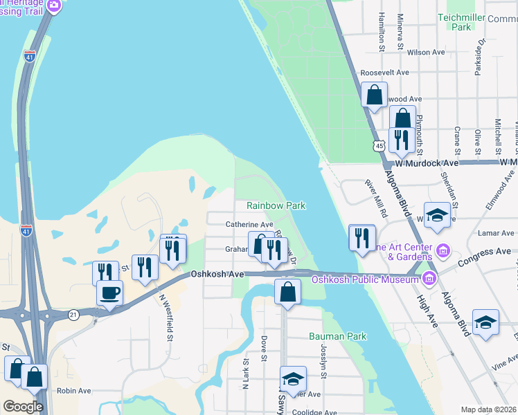 map of restaurants, bars, coffee shops, grocery stores, and more near 1629 Rainbow Drive in Oshkosh