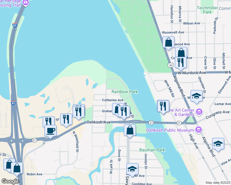 map of restaurants, bars, coffee shops, grocery stores, and more near 1629 Rainbow Drive in Oshkosh