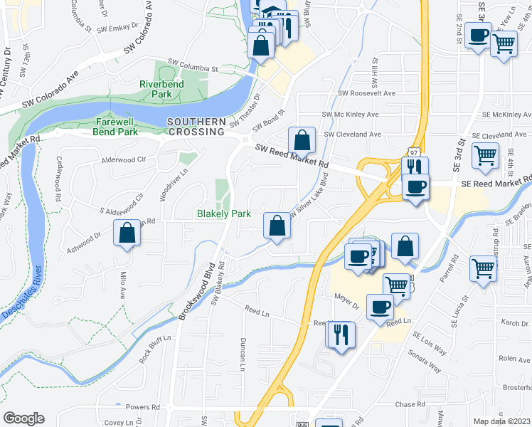map of restaurants, bars, coffee shops, grocery stores, and more near 529 Southwest Hillwood Court in Bend