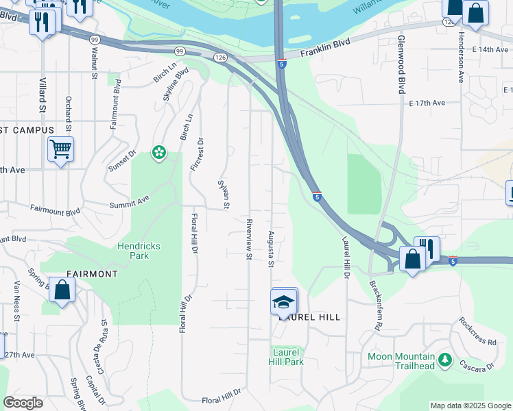 map of restaurants, bars, coffee shops, grocery stores, and more near 2008 Augusta Street in Eugene