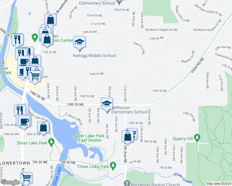 map of restaurants, bars, coffee shops, grocery stores, and more near 1505 10th Avenue Northeast in Rochester