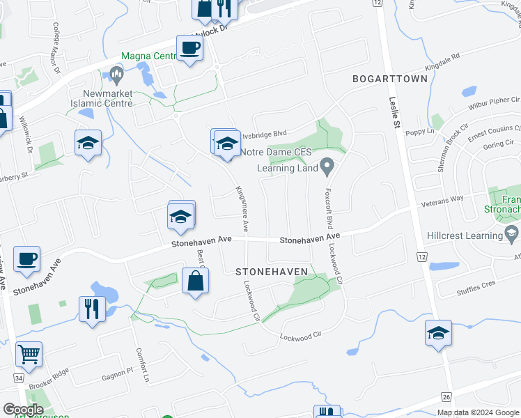 map of restaurants, bars, coffee shops, grocery stores, and more near 677 Exceller Circle in Newmarket