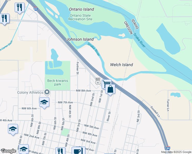 map of restaurants, bars, coffee shops, grocery stores, and more near 106 North Oregon Street in Ontario