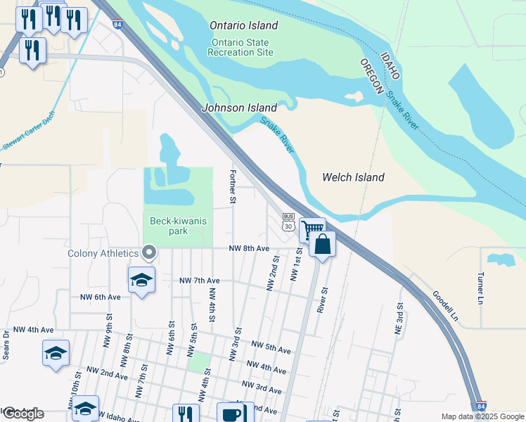 map of restaurants, bars, coffee shops, grocery stores, and more near 1085 North Oregon Street in Ontario