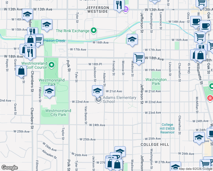 map of restaurants, bars, coffee shops, grocery stores, and more near 2085 Adams Street in Eugene