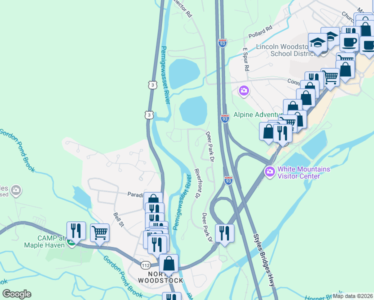 map of restaurants, bars, coffee shops, grocery stores, and more near 55 Riverfront Drive in Woodstock