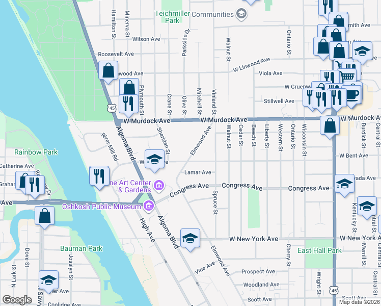 map of restaurants, bars, coffee shops, grocery stores, and more near 1627 Elmwood Avenue in Oshkosh