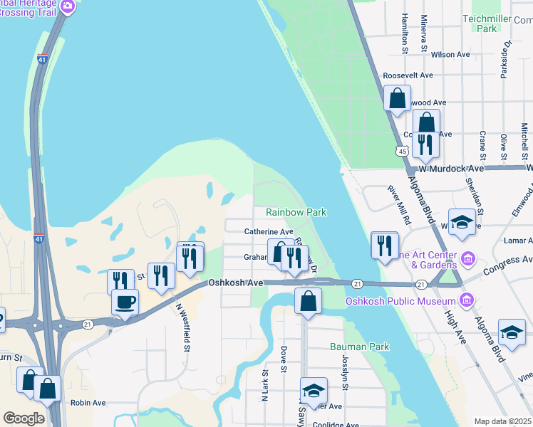 map of restaurants, bars, coffee shops, grocery stores, and more near 1645 Rainbow Drive in Oshkosh
