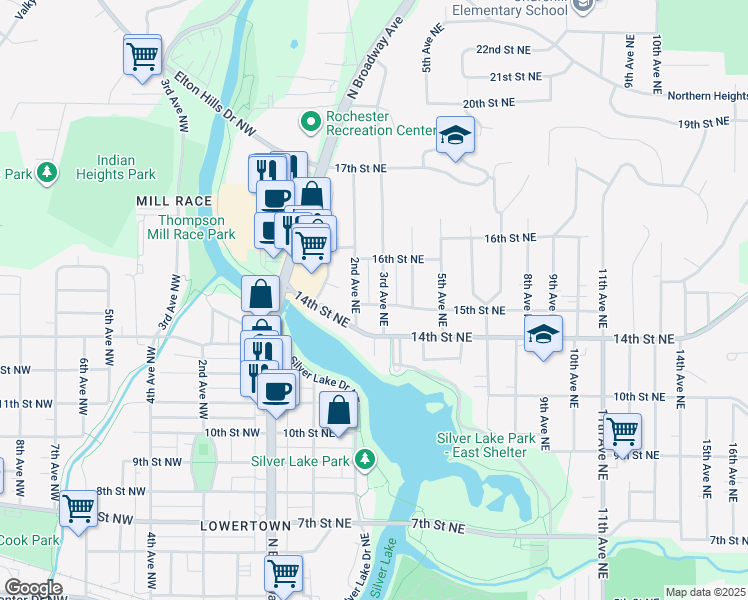 map of restaurants, bars, coffee shops, grocery stores, and more near 210 15th Street Northeast in Rochester