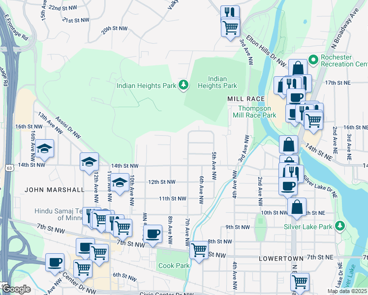 map of restaurants, bars, coffee shops, grocery stores, and more near 615 15th Street Northwest in Rochester