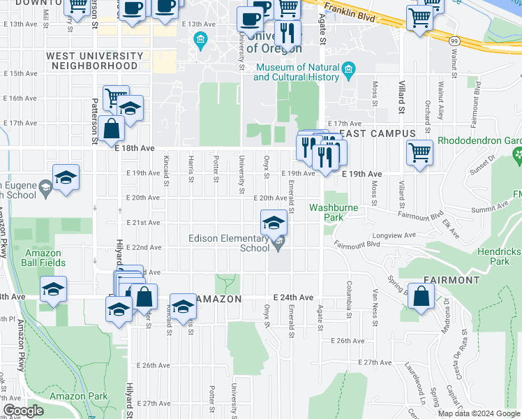 map of restaurants, bars, coffee shops, grocery stores, and more near 2042 Onyx Street in Eugene