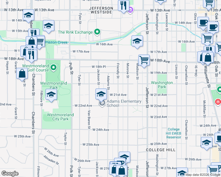 map of restaurants, bars, coffee shops, grocery stores, and more near 2085 Adams Street in Eugene