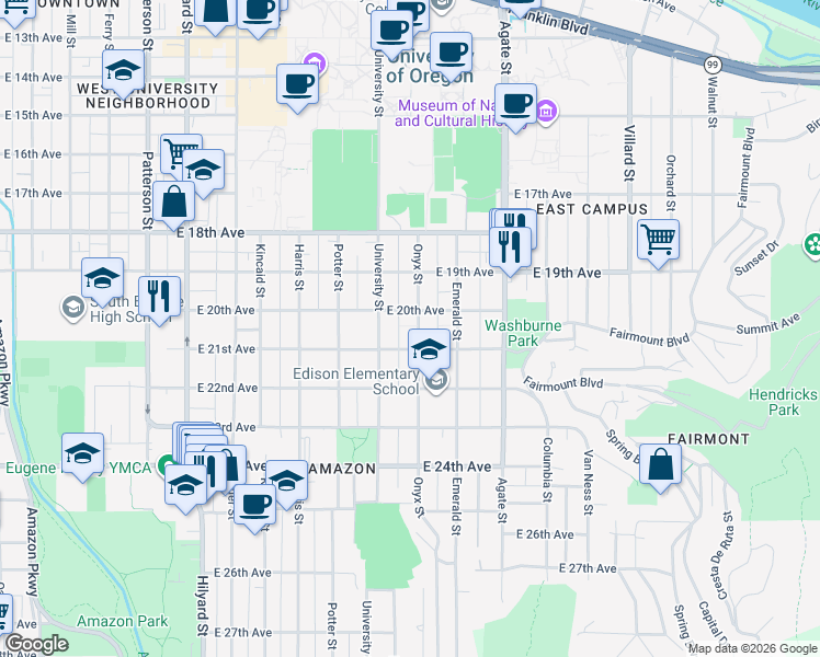 map of restaurants, bars, coffee shops, grocery stores, and more near 2042 Onyx Street in Eugene