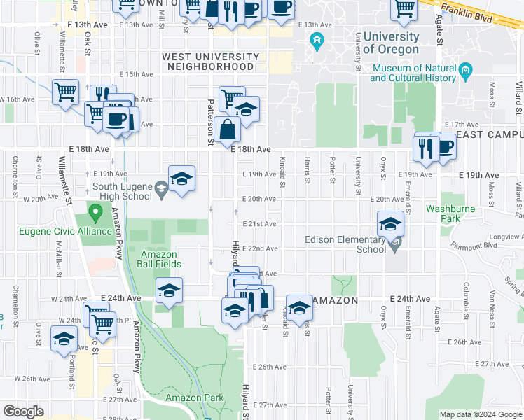 map of restaurants, bars, coffee shops, grocery stores, and more near 2040 Alder Street in Eugene