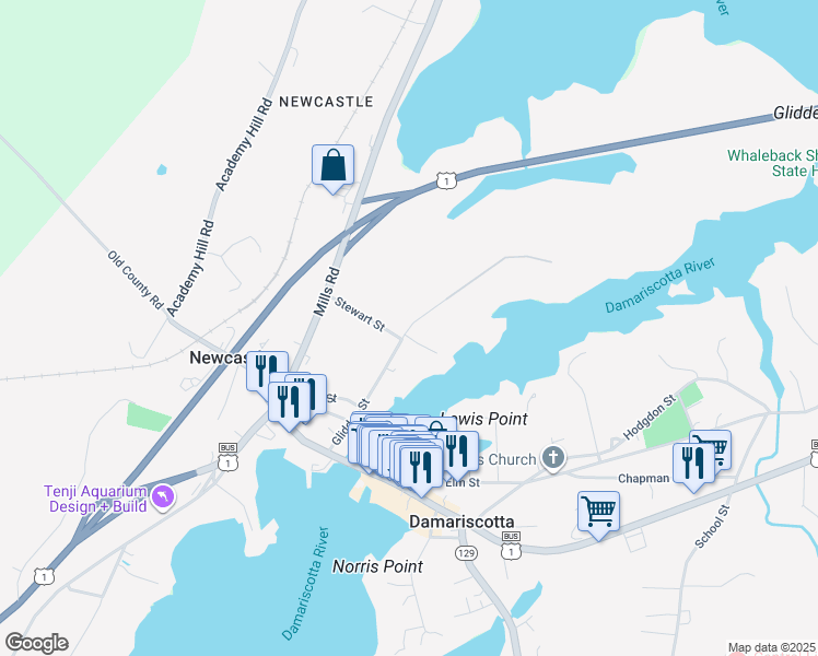 map of restaurants, bars, coffee shops, grocery stores, and more near Glidden Street in Damariscotta-Newcastle